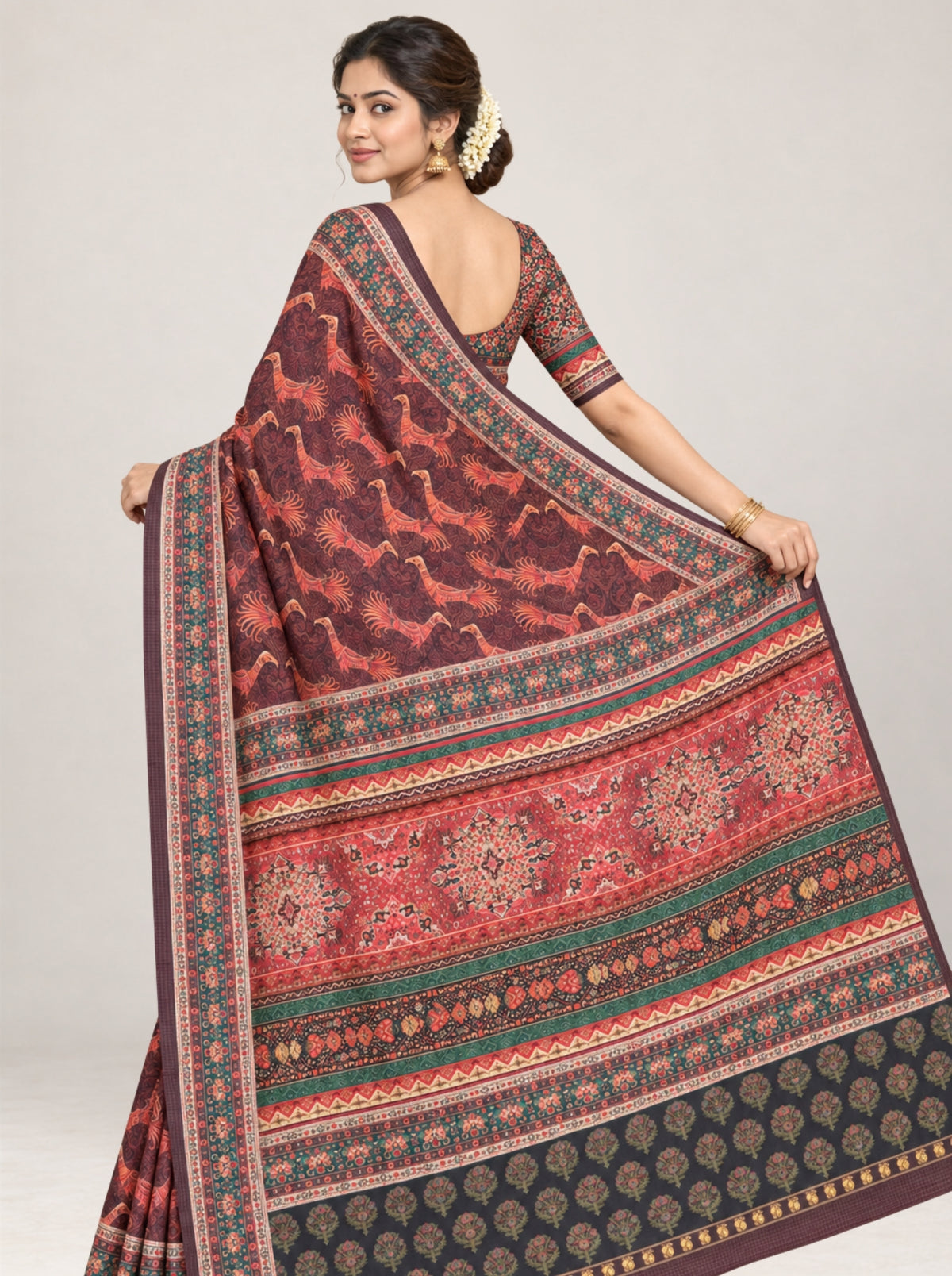 Brown Kalamkari Silk Saree with Bird Motifs & Multi-Color Floral Border