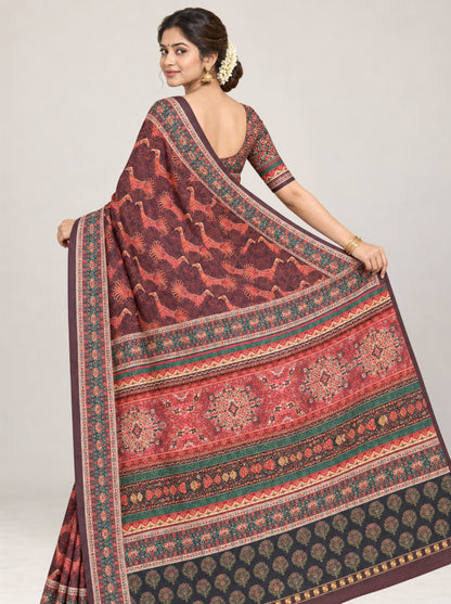 Brown Kalamkari Silk Saree with Bird Motifs & Multi-Color Floral Border