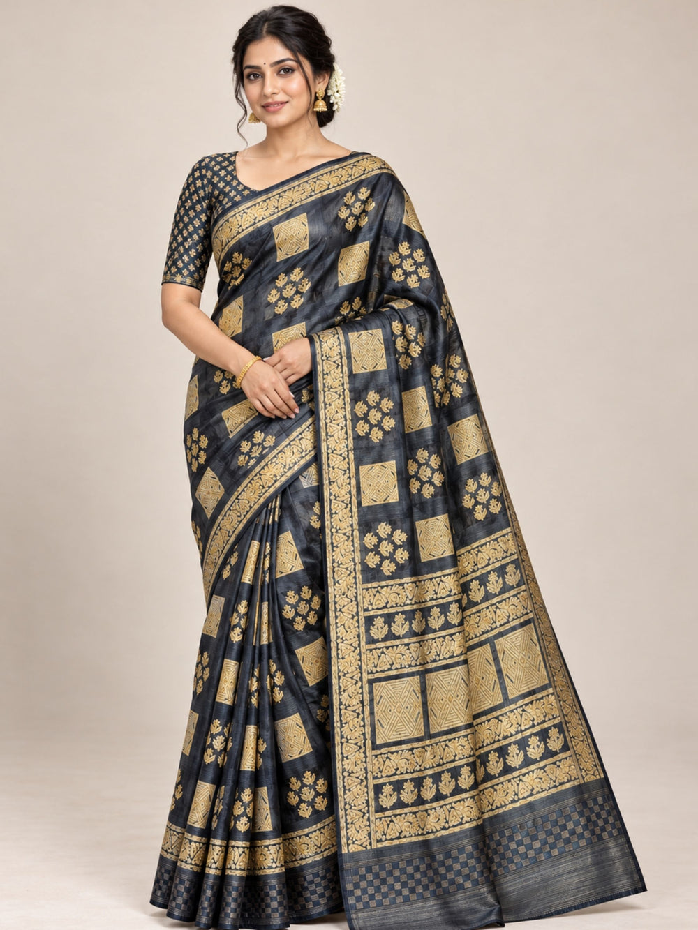 Black and Gold Geometric Print Chanderi Silk Saree with Checkered Border