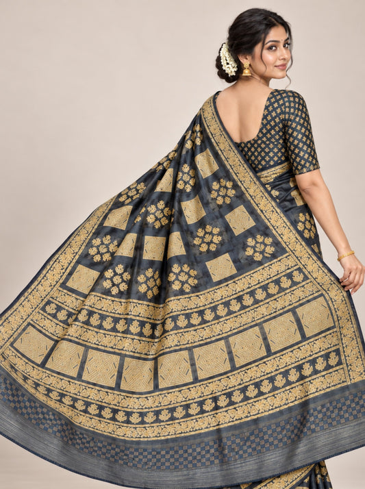 Black and Gold Geometric Print Chanderi Silk Saree with Checkered Border