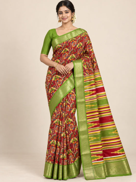 Red and Green Multicolored Patchwork Print Chanderi Silk Saree with Woven Zari Border