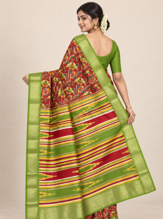 Red and Green Multicolored Patchwork Print Chanderi Silk Saree with Woven Zari Border