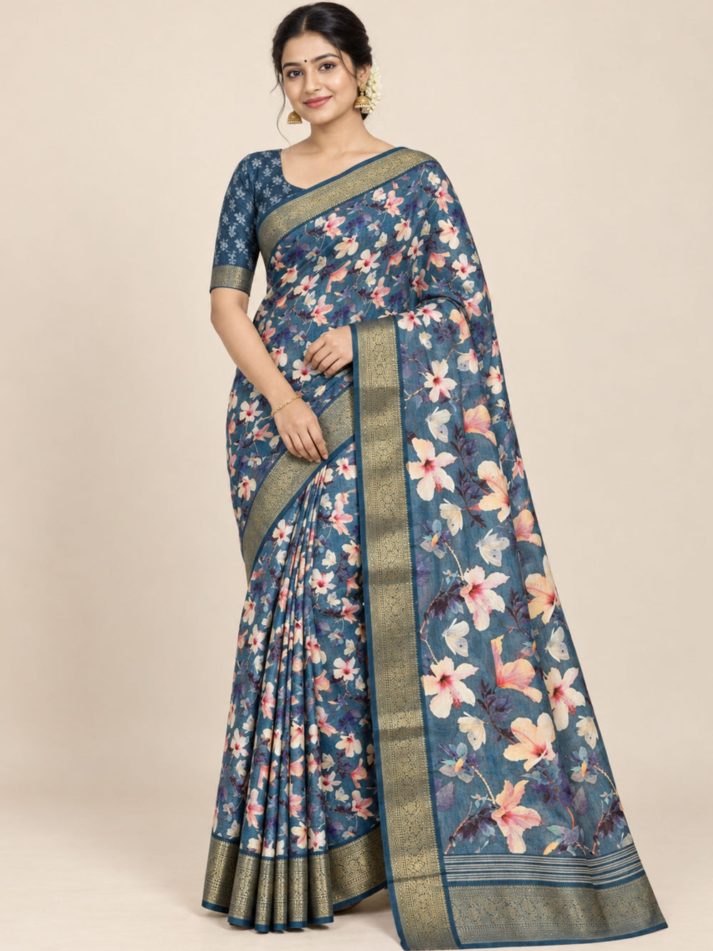 Blue and White Floral Print Chanderi Silk Saree with Woven Zari Border