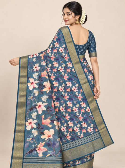 Blue and White Floral Print Chanderi Silk Saree with Woven Zari Border