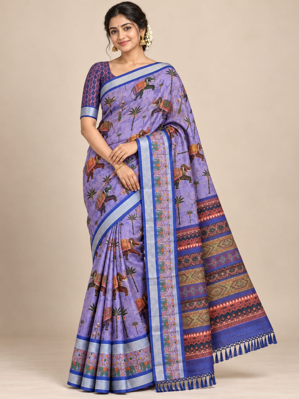 Lavender and Blue Elephant and Palm Print Georgette Saree with Zari Border