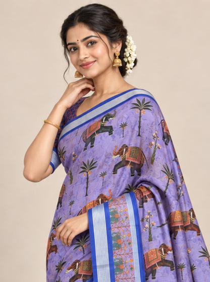 Lavender and Blue Elephant and Palm Print Georgette Saree with Zari Border