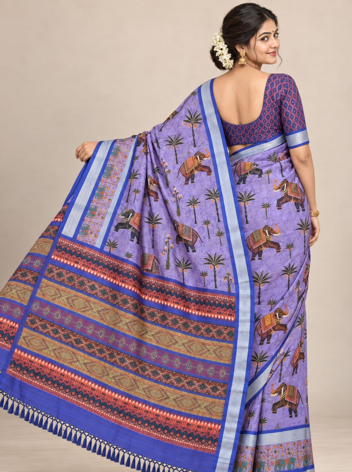 Lavender and Blue Elephant and Palm Print Georgette Saree with Zari Border