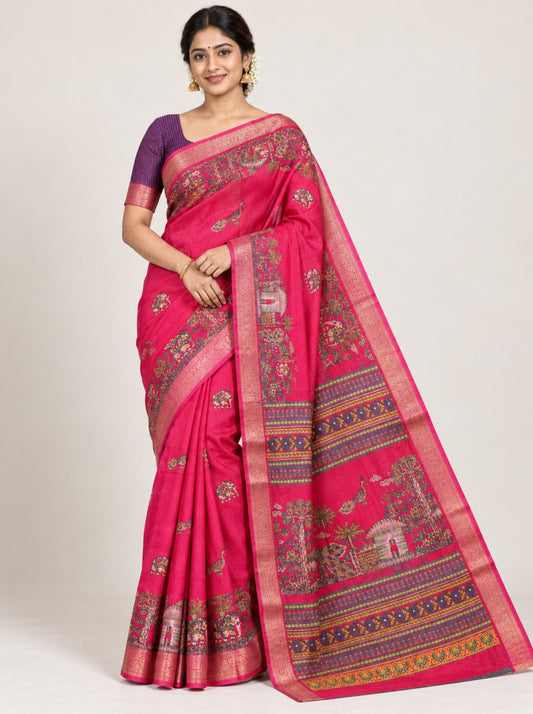 Red Peacock Printed Chanderi Silk Saree with Woven Zari Border