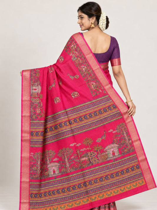 Red Peacock Printed Chanderi Silk Saree with Woven Zari Border