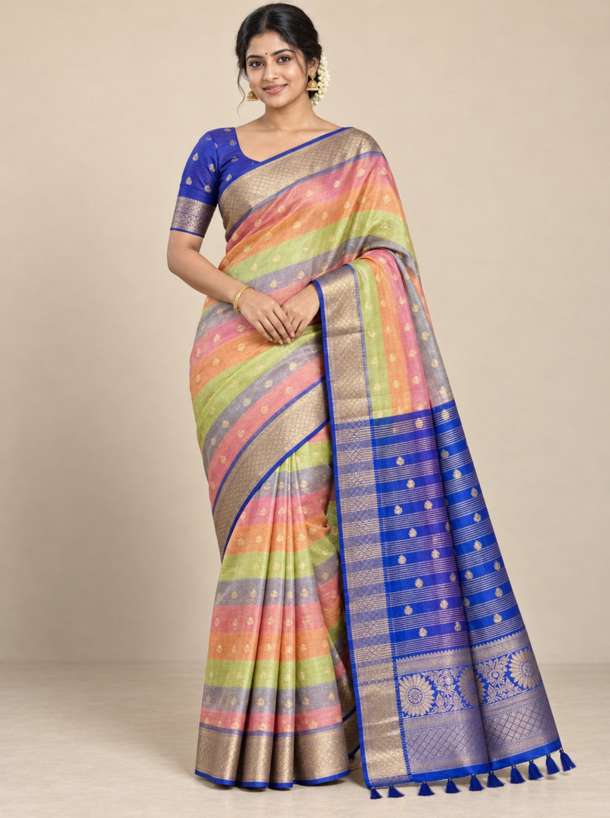 Multicolor Striped Tissue Georgette Saree with Gold Zari Brocade Border