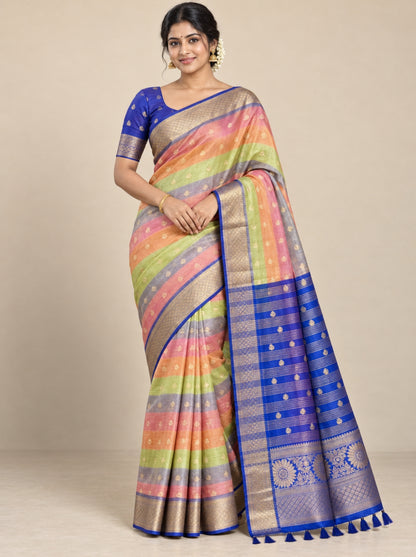 Multicolor Striped Tissue Georgette Saree with Gold Zari Brocade Border