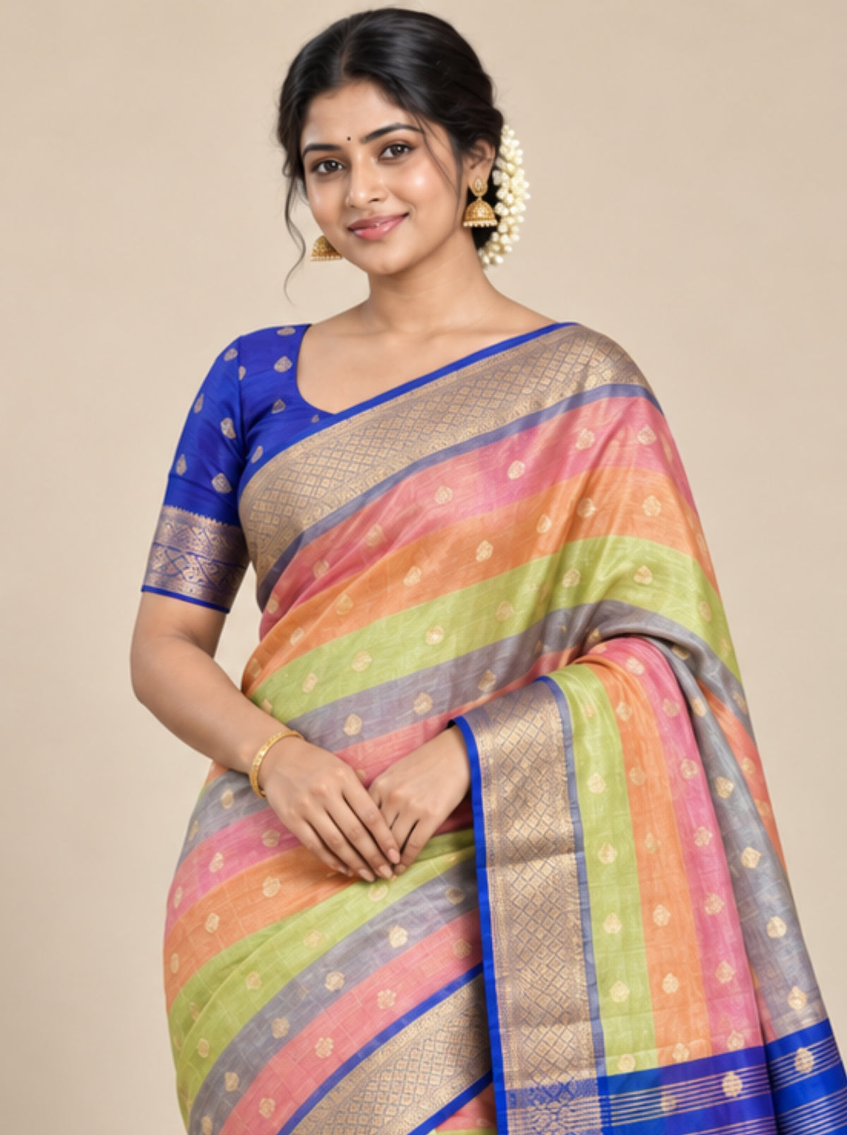 Multicolor Striped Tissue Georgette Saree with Gold Zari Brocade Border