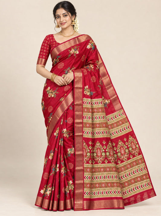 Maroon Floral and Mandala Print Chanderi Silk Saree with Woven Zari Border