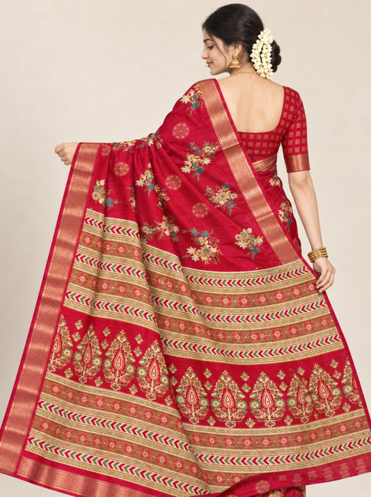 Maroon Floral and Mandala Print Chanderi Silk Saree with Woven Zari Border