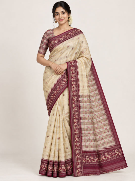 Beige and Maroon Checkered Chanderi Silk Saree with Floral Motifs and Zari Border