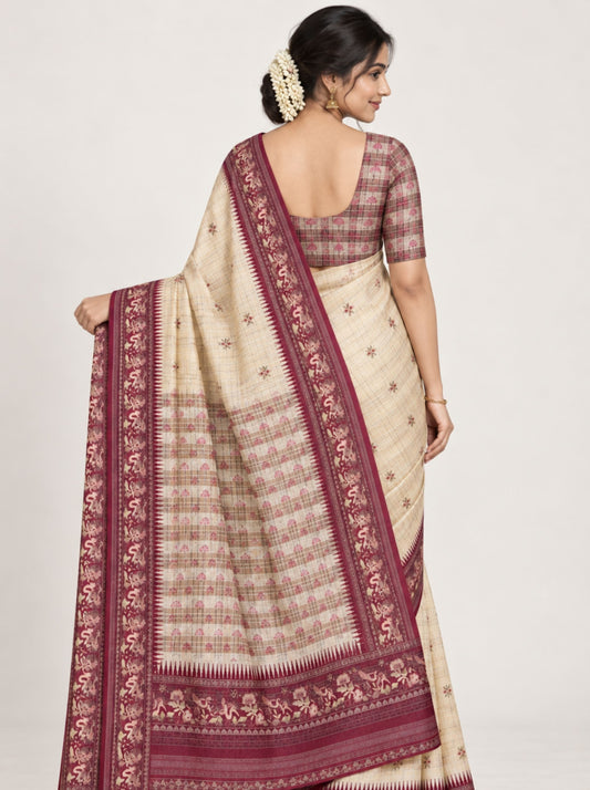 Beige and Maroon Checkered Chanderi Silk Saree with Floral Motifs and Zari Border
