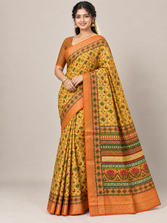 Yellow and Brown Checkered Chanderi Silk Saree with Animal Motifs and Zari Border