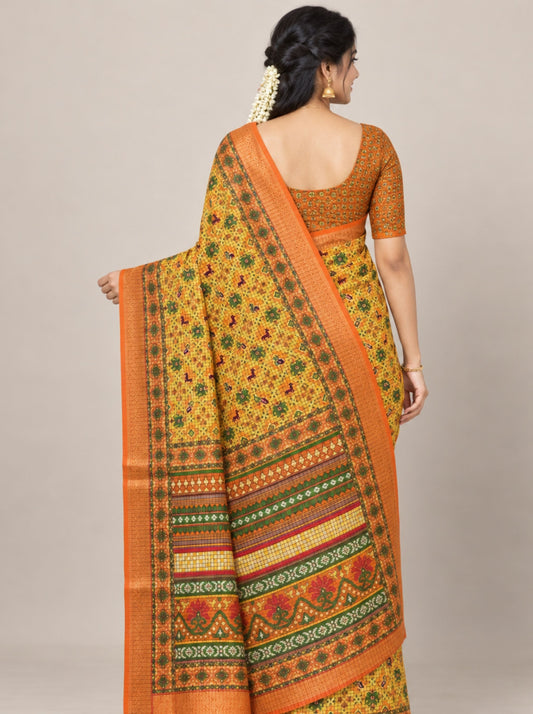 Yellow and Brown Checkered Chanderi Silk Saree with Animal Motifs and Zari Border