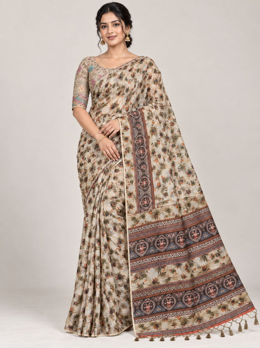 Beige and Olive Leaf Patterned Silk Saree