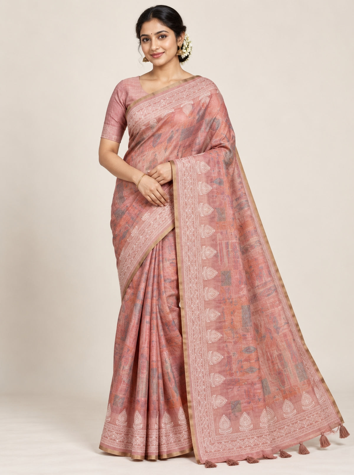 Peach Beige Digital Printed Tissue Organza Saree with Embroidered Border