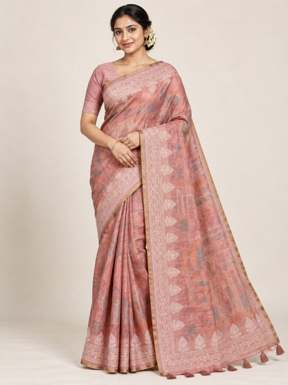 Peach Beige Digital Printed Tissue Organza Saree with Embroidered Border