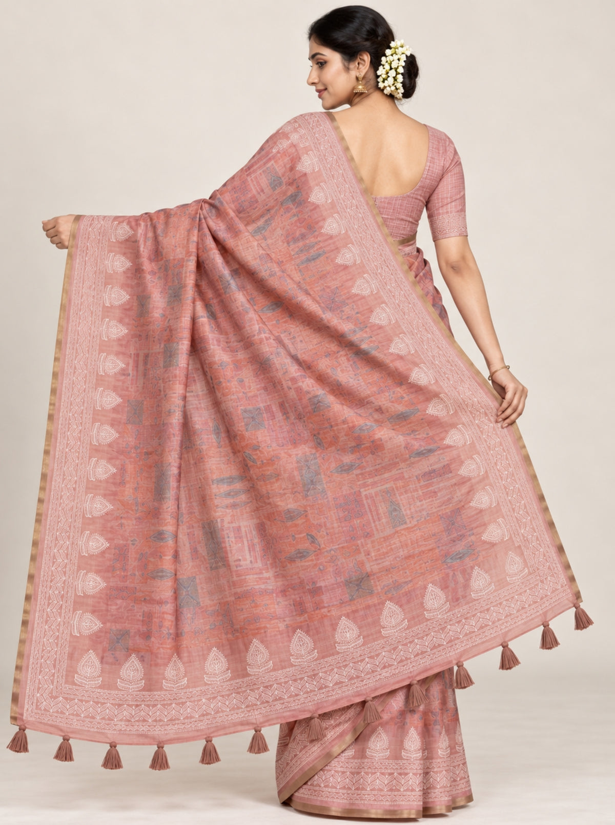 Peach Beige Digital Printed Tissue Organza Saree with Embroidered Border