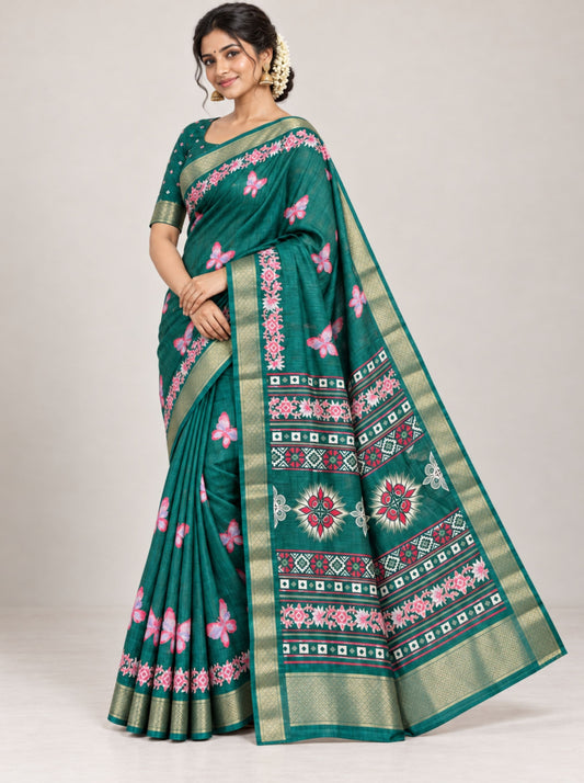 Green Hand-Painted Butterfly Chanderi Silk Saree with Zari Border