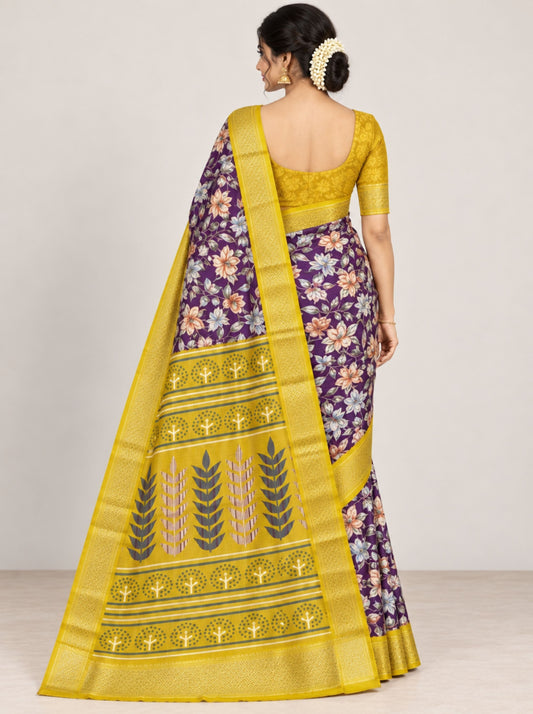 Royal Purple & Yellow Floral Chanderi Silk Saree with Rich Zari Border