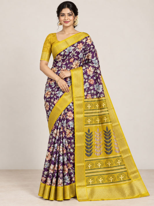 Royal Purple & Yellow Floral Chanderi Silk Saree with Rich Zari Border