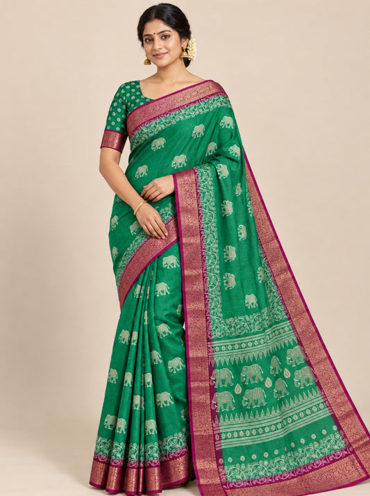 Green and Maroon Elephant Motifs Chanderi Silk Saree with Woven Zari Border