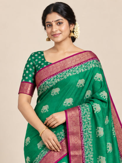 Green and Maroon Elephant Motifs Chanderi Silk Saree with Woven Zari Border