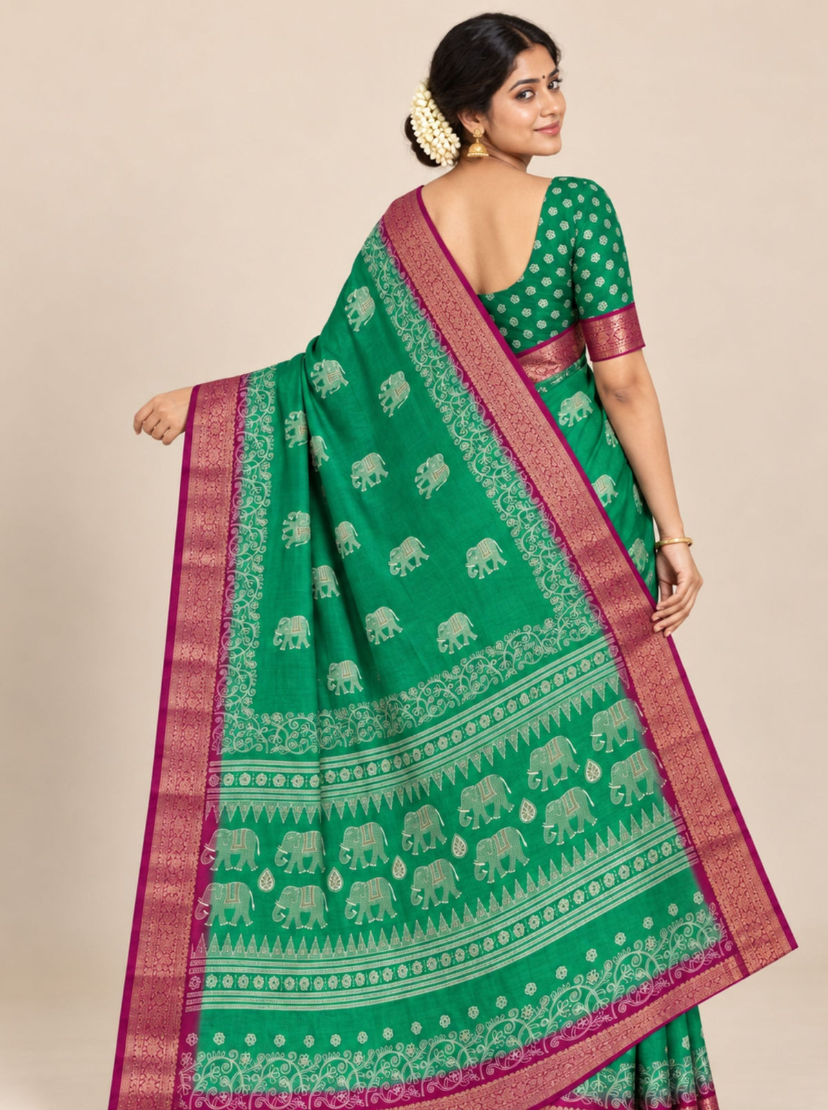 Green and Maroon Elephant Motifs Chanderi Silk Saree with Woven Zari Border