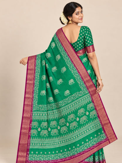 Green and Maroon Elephant Motifs Chanderi Silk Saree with Woven Zari Border