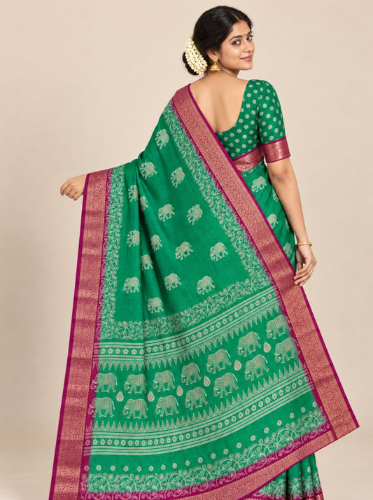 Green and Maroon Elephant Motifs Chanderi Silk Saree with Woven Zari Border