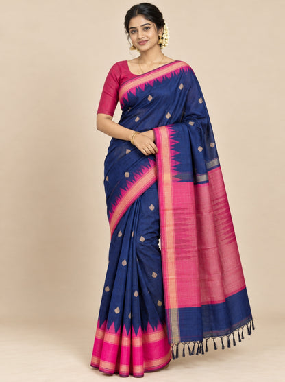 Navy Blue Silk Saree with Pink Temple Border and Gold Zari Motifs