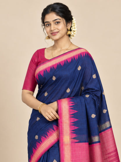 Navy Blue Silk Saree with Pink Temple Border and Gold Zari Motifs