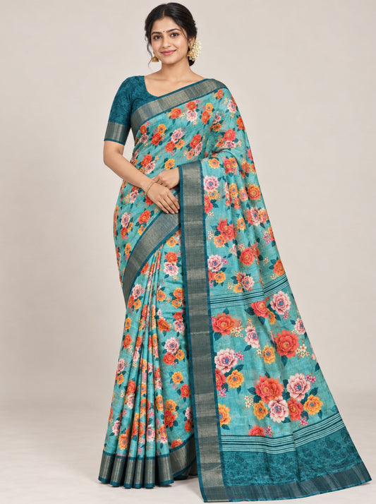 Teal and Multicolored Floral Print Chanderi Silk Saree with Zari Border