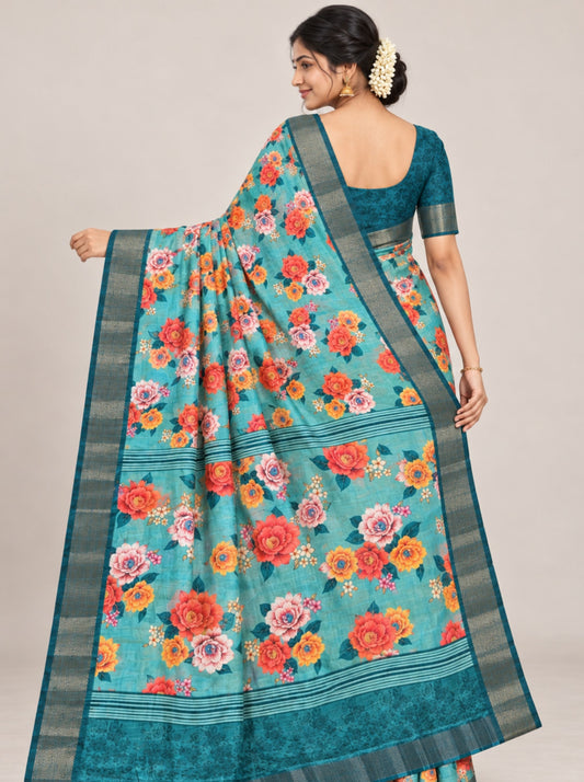 Teal and Multicolored Floral Print Chanderi Silk Saree with Zari Border