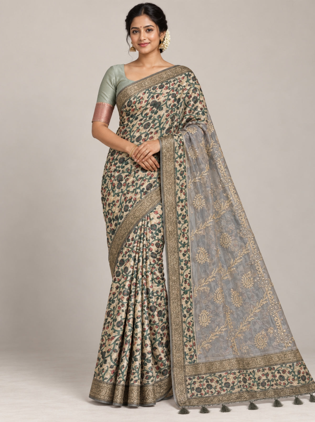 Beige Floral Printed Organza Saree with Heavy Gold Thread Embroidery