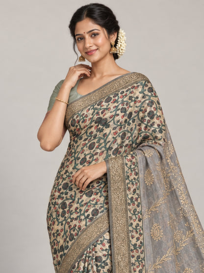 Beige Floral Printed Organza Saree with Heavy Gold Thread Embroidery