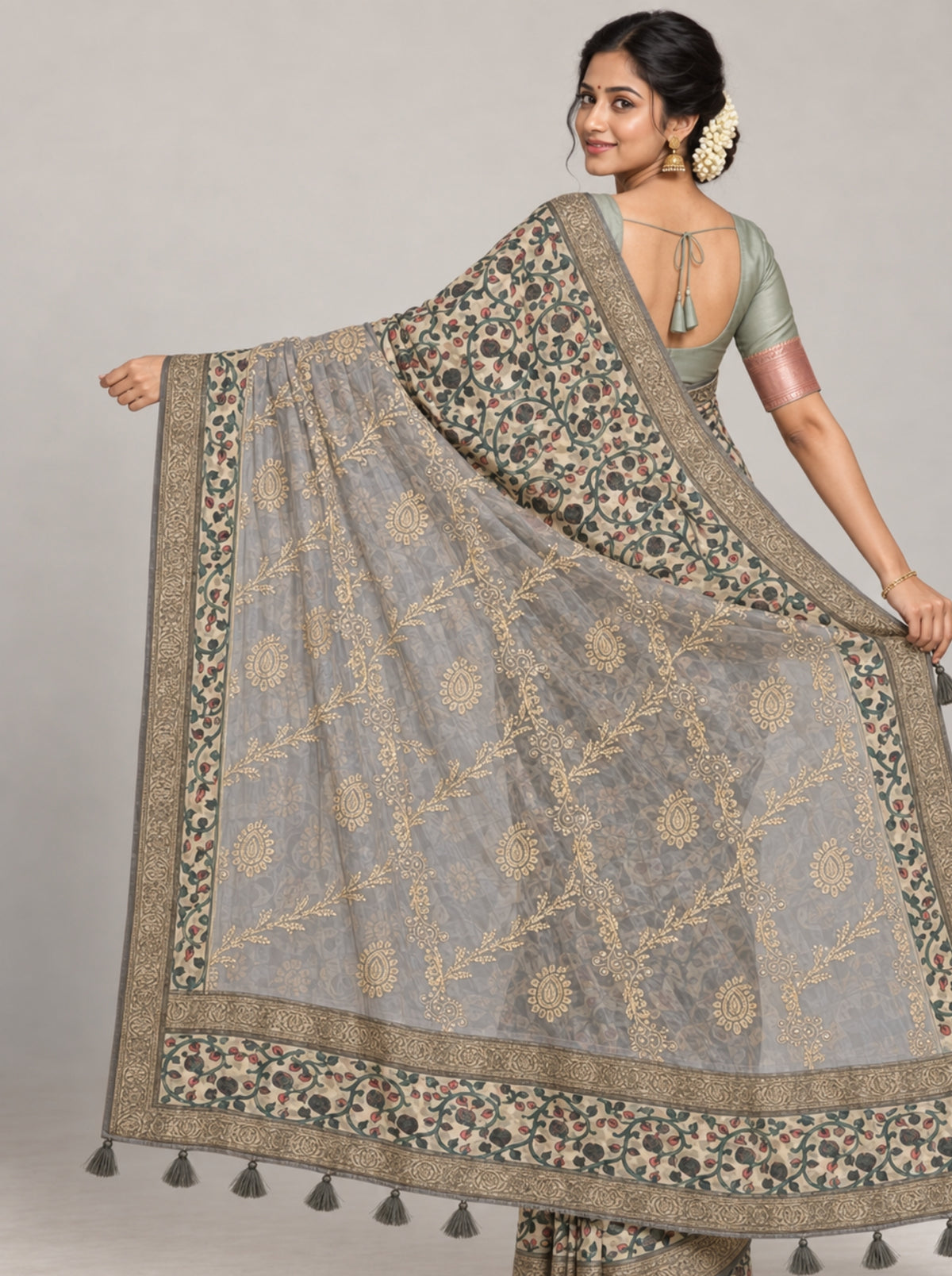 Beige Floral Printed Organza Saree with Heavy Gold Thread Embroidery