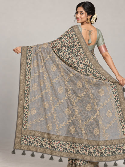 Beige Floral Printed Organza Saree with Heavy Gold Thread Embroidery