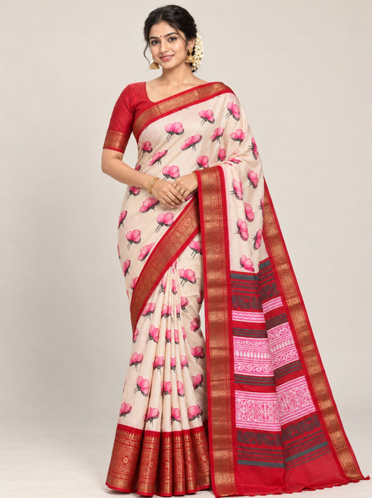 Pink and Red Floral Print Dola Silk Saree with Woven Zari Border