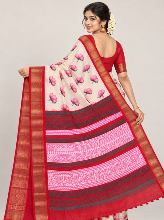 Pink and Red Floral Print Dola Silk Saree with Woven Zari Border