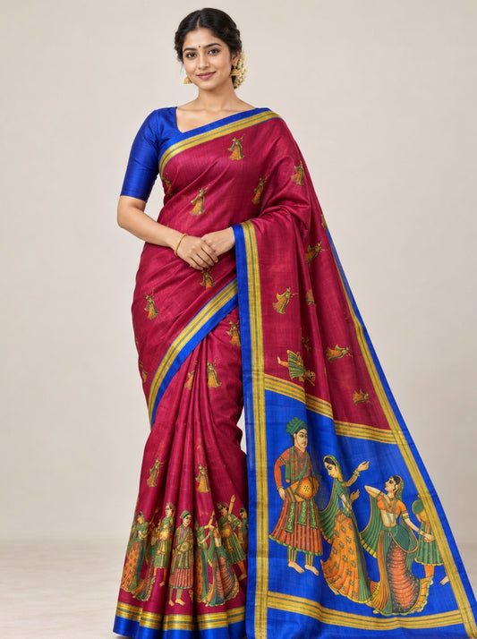 Maroon and Blue Traditional Figure Print Chanderi Silk Saree with Striped Border