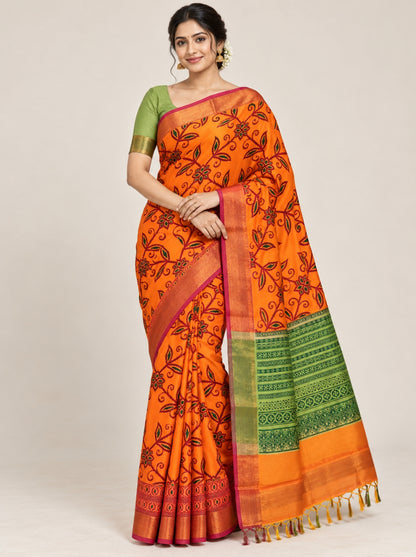 Mustard Orange Ikkat Silk Saree