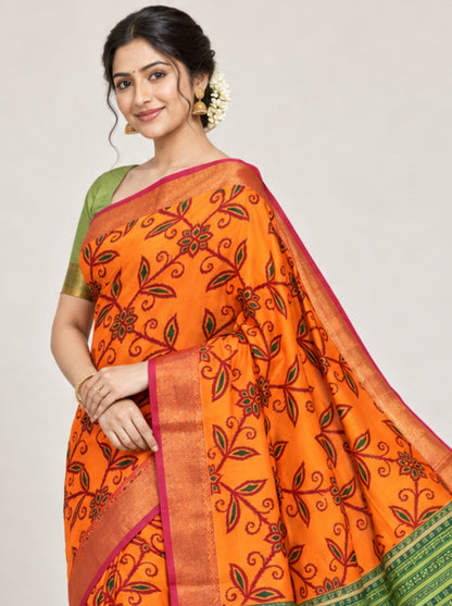 Mustard Orange Ikkat Silk Saree