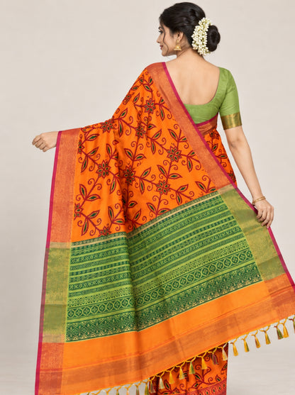 Mustard Orange Ikkat Silk Saree