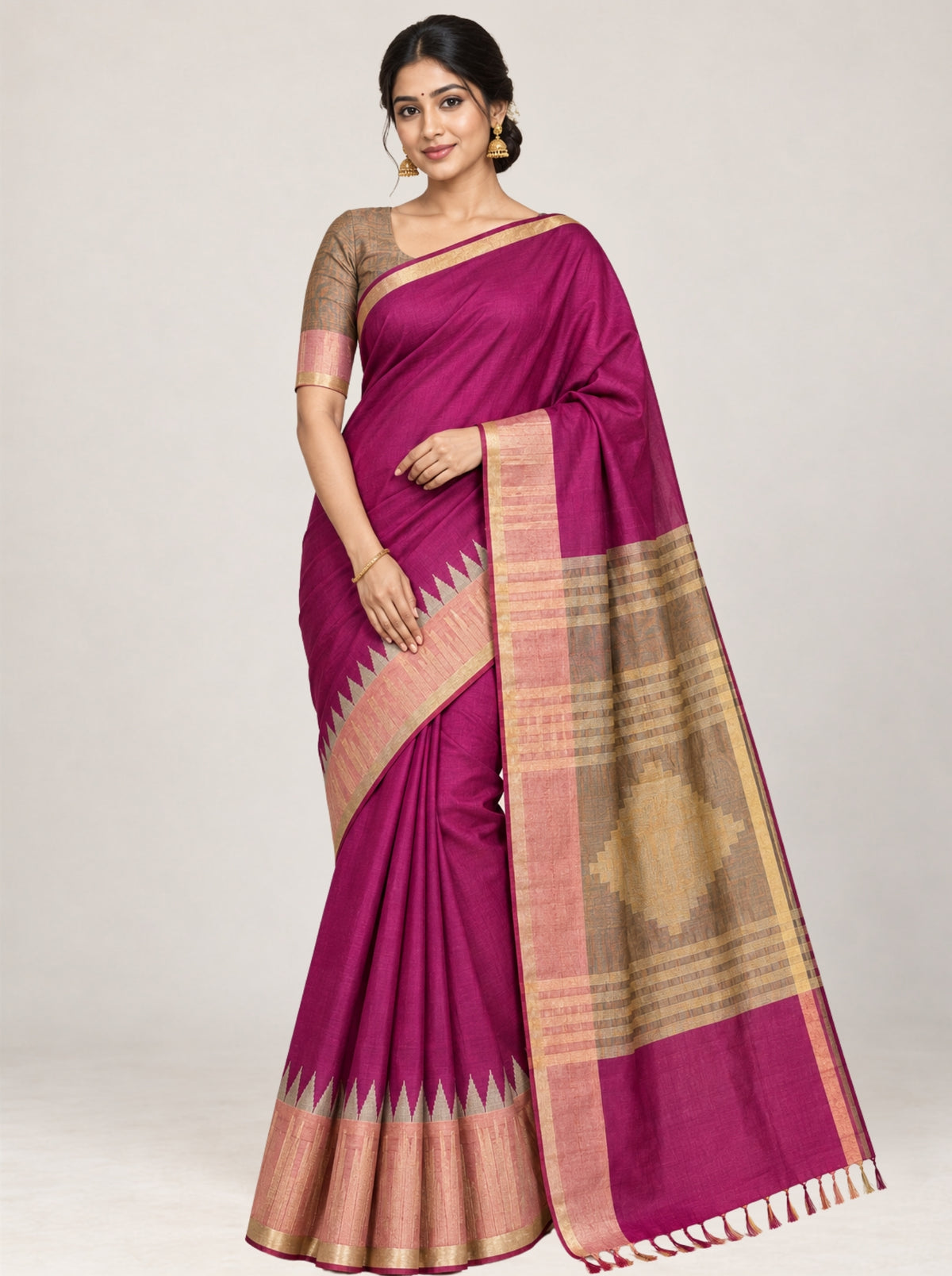 Magenta Silk Saree with Gold Zari Temple Border & Textured Weave