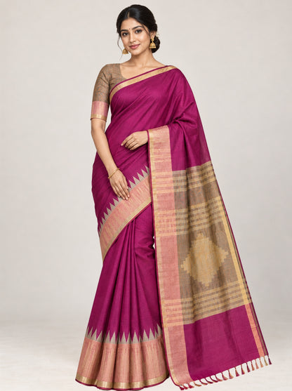 Magenta Silk Saree with Gold Zari Temple Border & Textured Weave